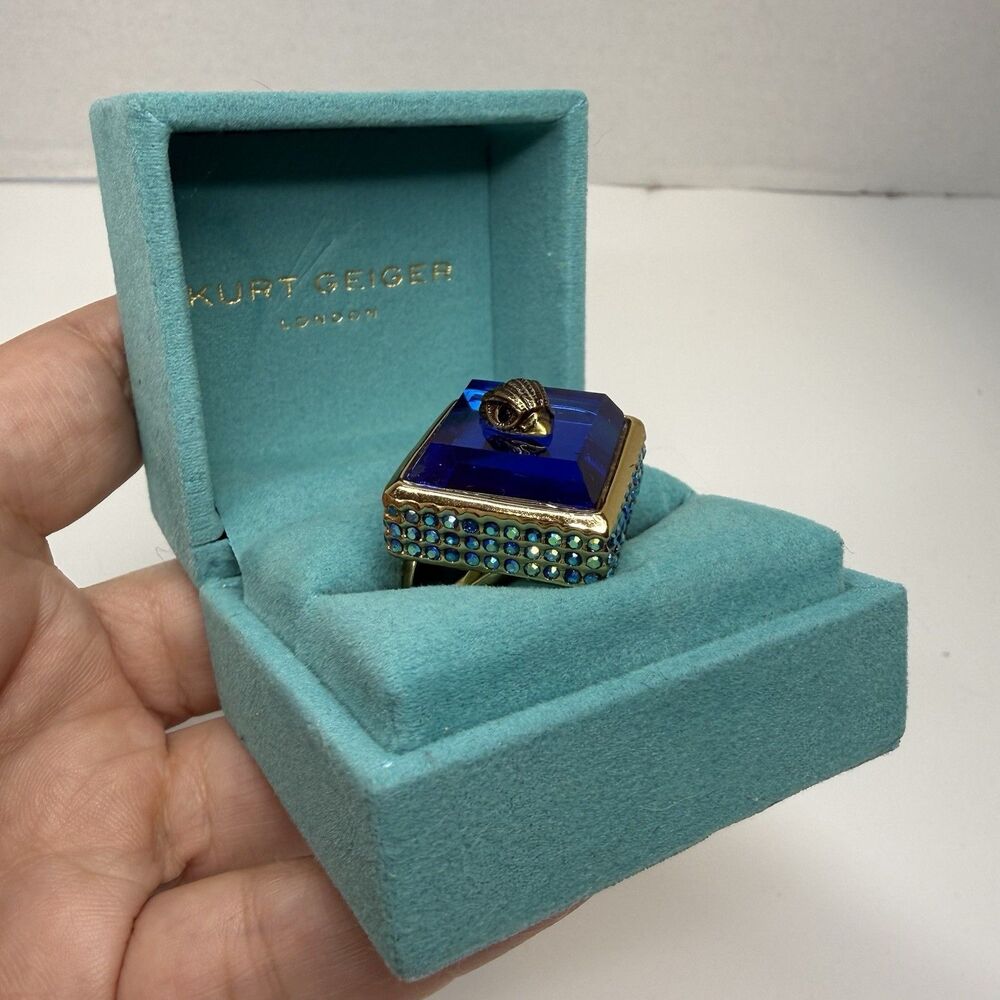 Kurt Geiger Blue Crystal Square Cocktail Statement Ring (Missing Stones) Sz 8
